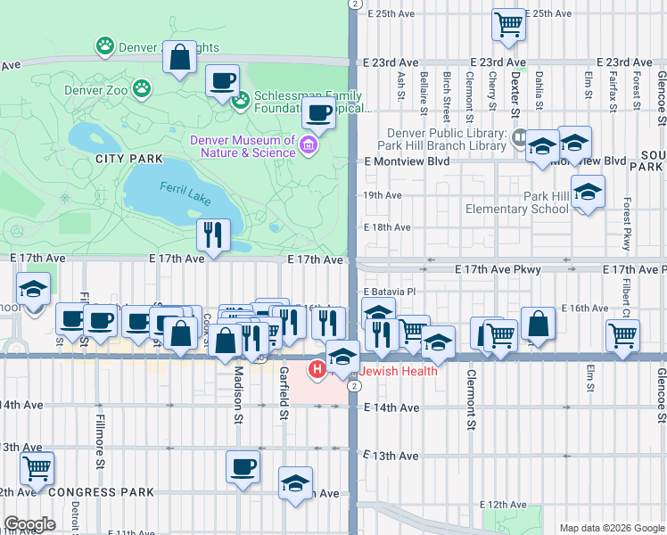 map of restaurants, bars, coffee shops, grocery stores, and more near 1684 Harrison Street in Denver