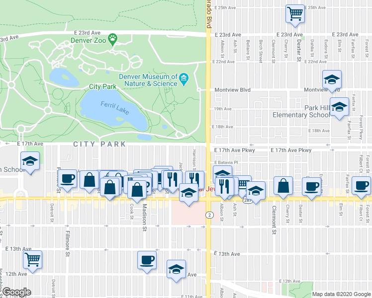 map of restaurants, bars, coffee shops, grocery stores, and more near 3812 East 17th Avenue in Denver