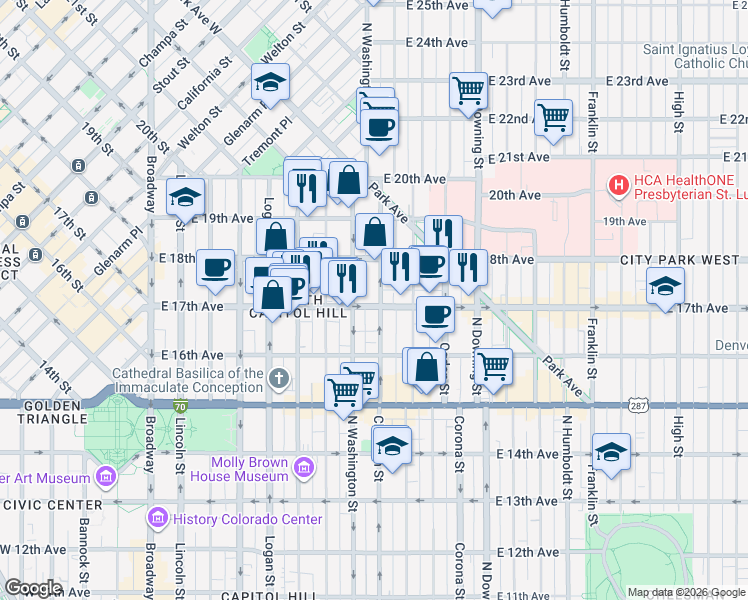 map of restaurants, bars, coffee shops, grocery stores, and more near 1732 North Clarkson street in Denver