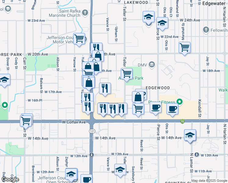 map of restaurants, bars, coffee shops, grocery stores, and more near 1725 Upham Street in Denver