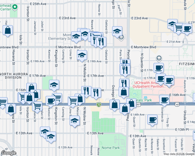 map of restaurants, bars, coffee shops, grocery stores, and more near 1681 Nome Street in Aurora