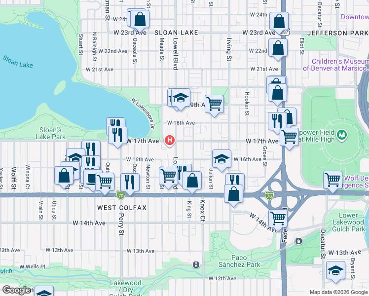 map of restaurants, bars, coffee shops, grocery stores, and more near in Denver