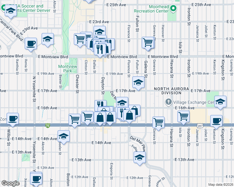 map of restaurants, bars, coffee shops, grocery stores, and more near 9801 East 17th Avenue in Aurora