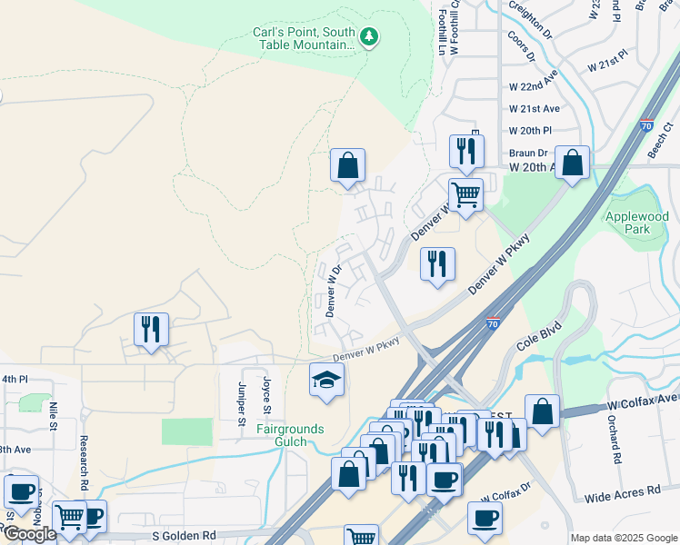 map of restaurants, bars, coffee shops, grocery stores, and more near 1910 Denver West Drive in Golden