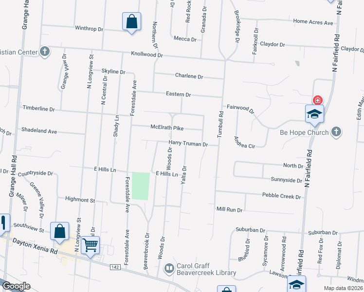map of restaurants, bars, coffee shops, grocery stores, and more near 3582 Harry Truman Drive in Dayton