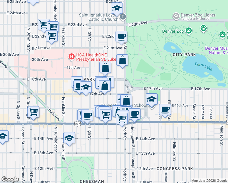 map of restaurants, bars, coffee shops, grocery stores, and more near 1733 North Gaylord Street in Denver