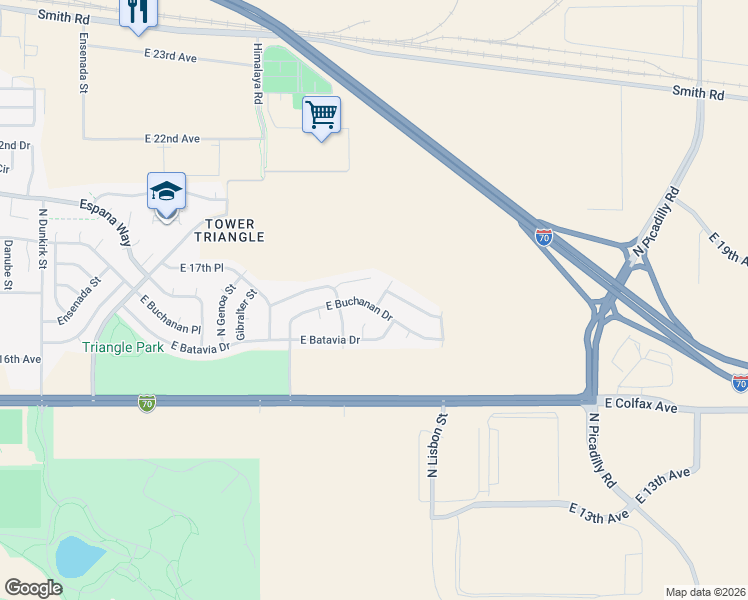 map of restaurants, bars, coffee shops, grocery stores, and more near 20540 East Coolidge Place in Aurora