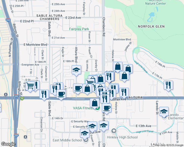 map of restaurants, bars, coffee shops, grocery stores, and more near 1714 Fraser Street in Aurora