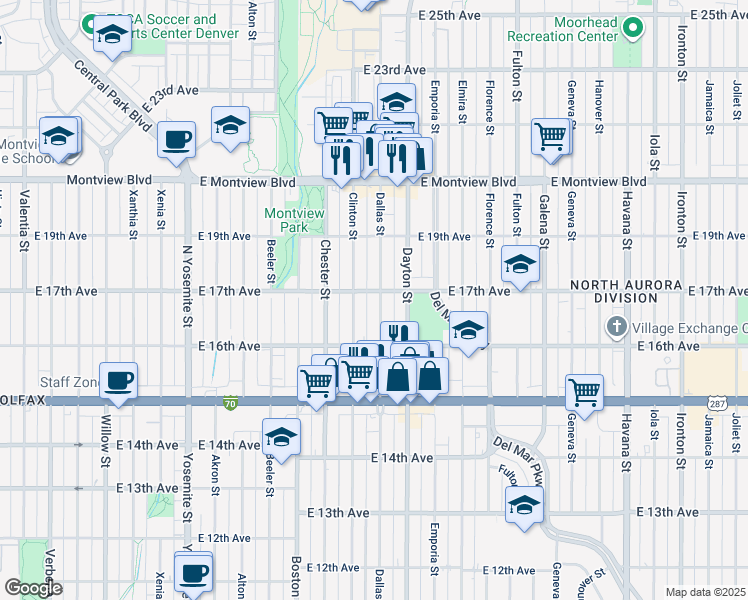 map of restaurants, bars, coffee shops, grocery stores, and more near 1700 Clinton Street in Aurora