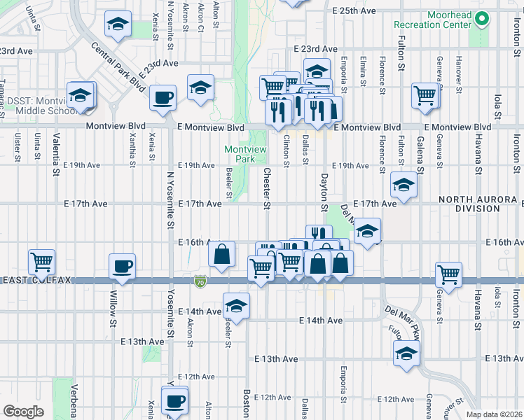 map of restaurants, bars, coffee shops, grocery stores, and more near in Aurora