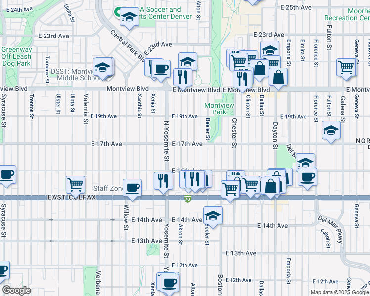 map of restaurants, bars, coffee shops, grocery stores, and more near 1700 Akron Street in Aurora