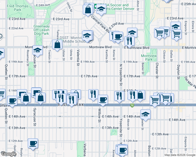 map of restaurants, bars, coffee shops, grocery stores, and more near 1700 Wabash Street in Denver