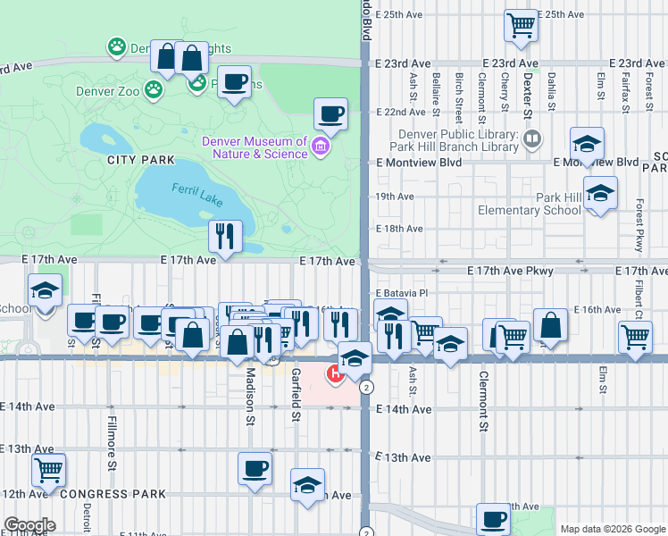 map of restaurants, bars, coffee shops, grocery stores, and more near 1684 Harrison Street in Denver