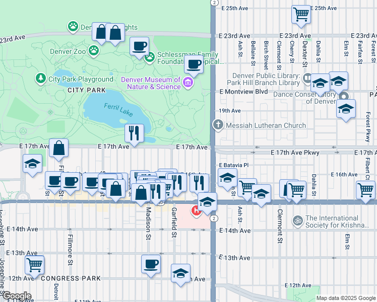 map of restaurants, bars, coffee shops, grocery stores, and more near 1681 Jackson Street in Denver