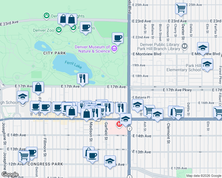 map of restaurants, bars, coffee shops, grocery stores, and more near 1681 Jackson Street in Denver