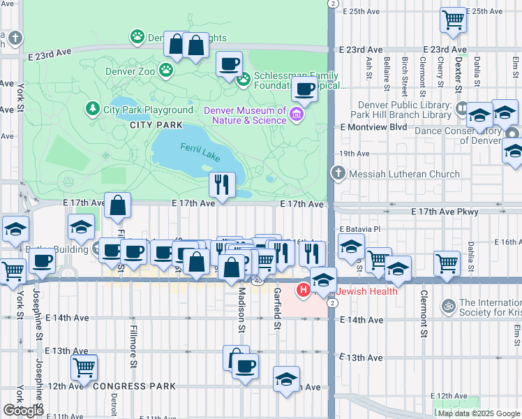 map of restaurants, bars, coffee shops, grocery stores, and more near in Denver