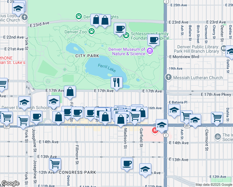 map of restaurants, bars, coffee shops, grocery stores, and more near 3400 East 17th Avenue in Denver