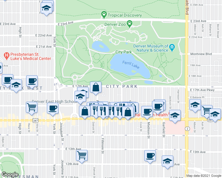 map of restaurants, bars, coffee shops, grocery stores, and more near 3001 East 17th Avenue in Denver