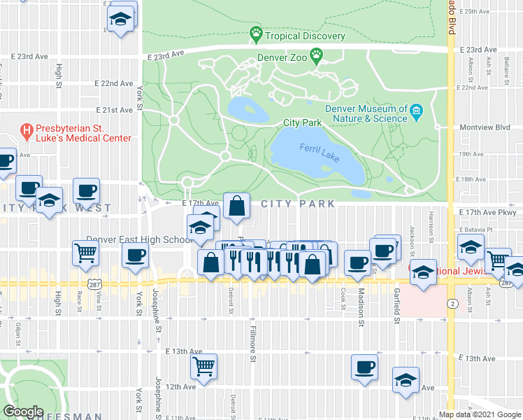 map of restaurants, bars, coffee shops, grocery stores, and more near 3001 East 17th Avenue in Denver