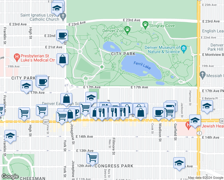 map of restaurants, bars, coffee shops, grocery stores, and more near in Denver