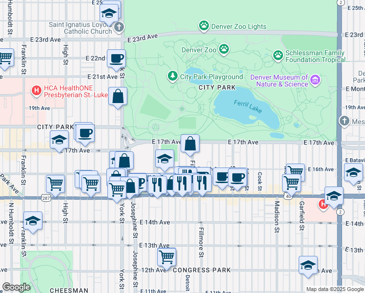 map of restaurants, bars, coffee shops, grocery stores, and more near in Denver