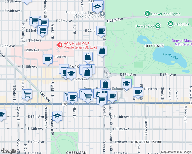 map of restaurants, bars, coffee shops, grocery stores, and more near 1733 North Gaylord Street in Denver