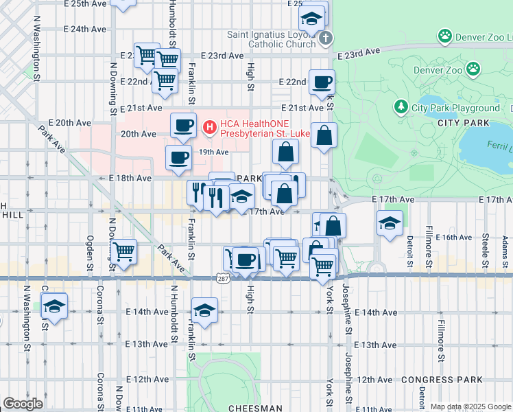 map of restaurants, bars, coffee shops, grocery stores, and more near 1745 Race Street in Denver