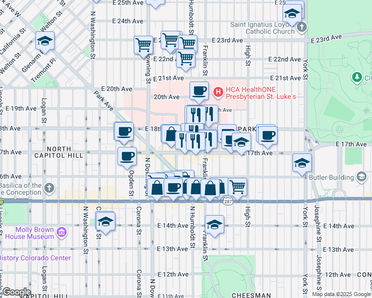 map of restaurants, bars, coffee shops, grocery stores, and more near 1721 Humboldt Street in Denver