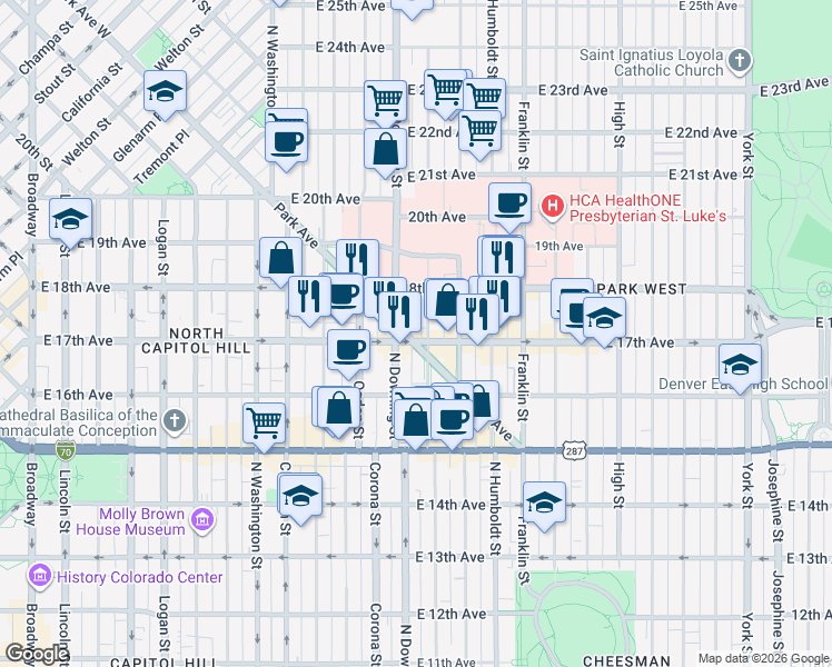 map of restaurants, bars, coffee shops, grocery stores, and more near 1728 North Downing Street in Denver