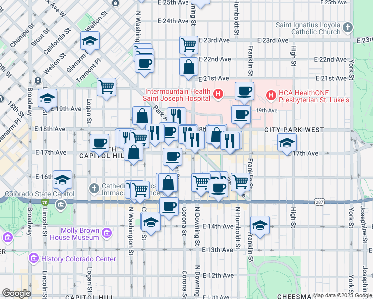 map of restaurants, bars, coffee shops, grocery stores, and more near 1734 North Ogden Street in Denver