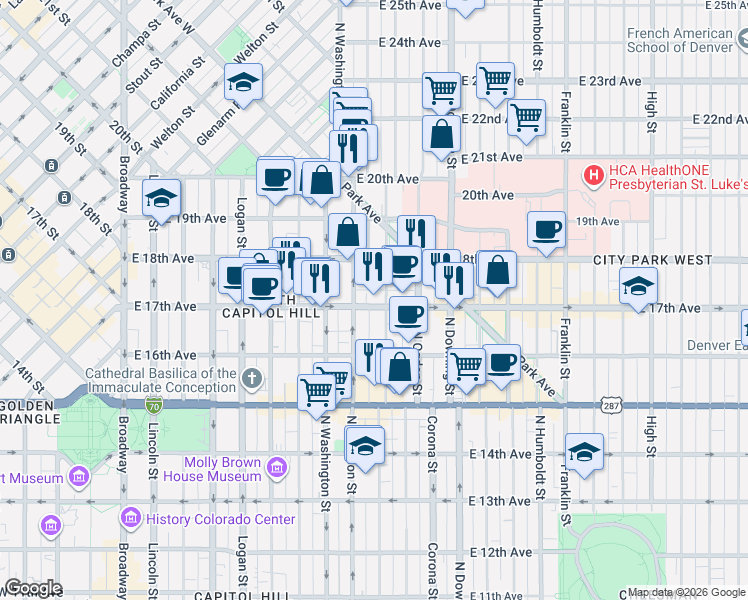 map of restaurants, bars, coffee shops, grocery stores, and more near 1728 Emerson Street in Denver