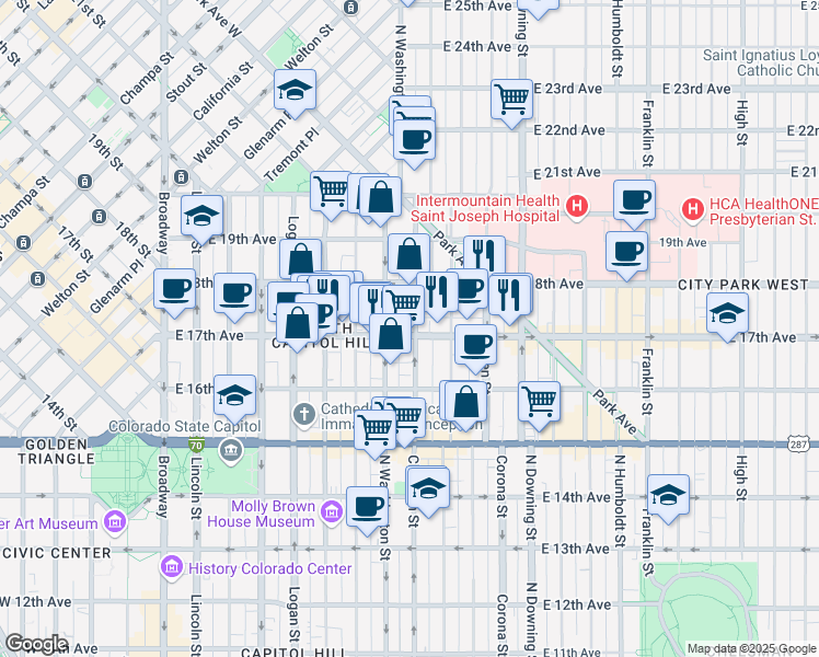 map of restaurants, bars, coffee shops, grocery stores, and more near 1732 North Clarkson street in Denver