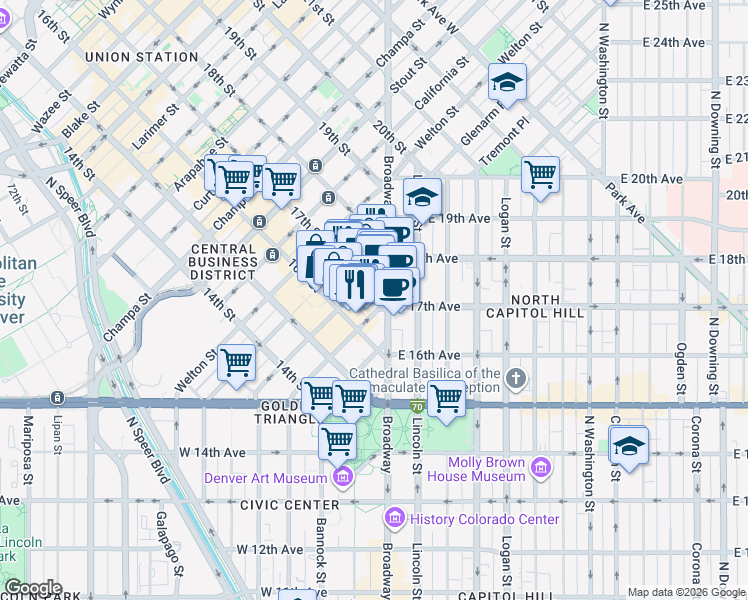 map of restaurants, bars, coffee shops, grocery stores, and more near in Denver