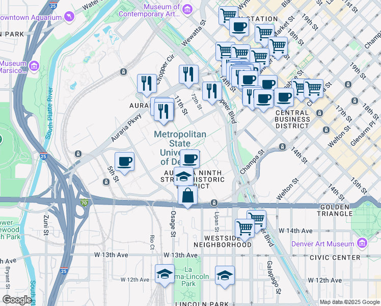 map of restaurants, bars, coffee shops, grocery stores, and more near 1205 10th Street Plaza in Denver