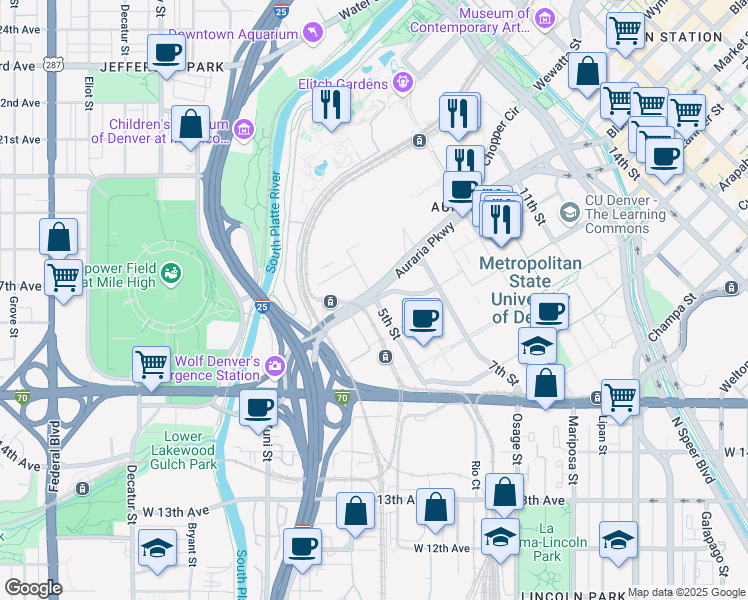 map of restaurants, bars, coffee shops, grocery stores, and more near 1450 5th Street in Denver