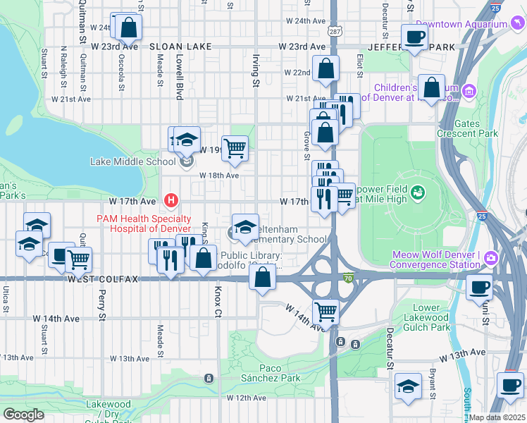 map of restaurants, bars, coffee shops, grocery stores, and more near 1707 Irving Street in Denver