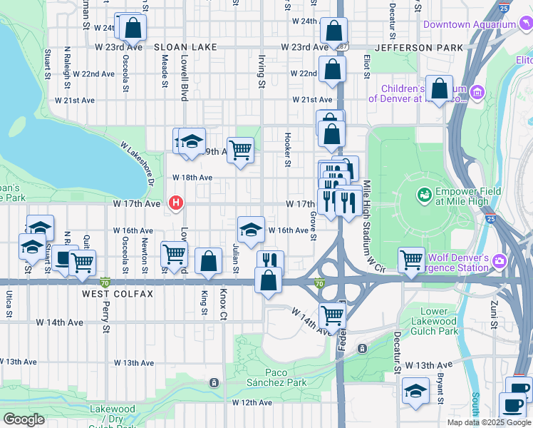 map of restaurants, bars, coffee shops, grocery stores, and more near 1707 Irving Street in Denver