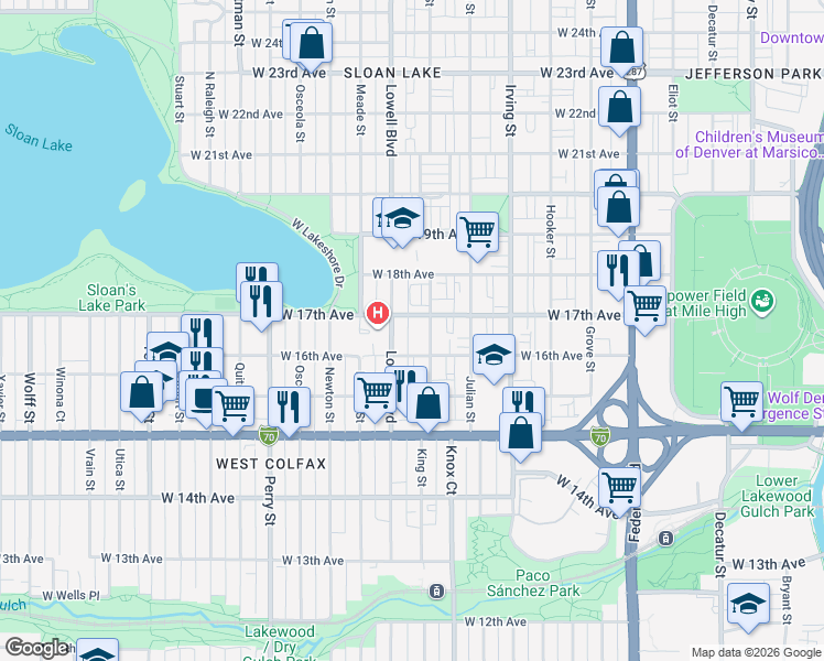 map of restaurants, bars, coffee shops, grocery stores, and more near in Denver