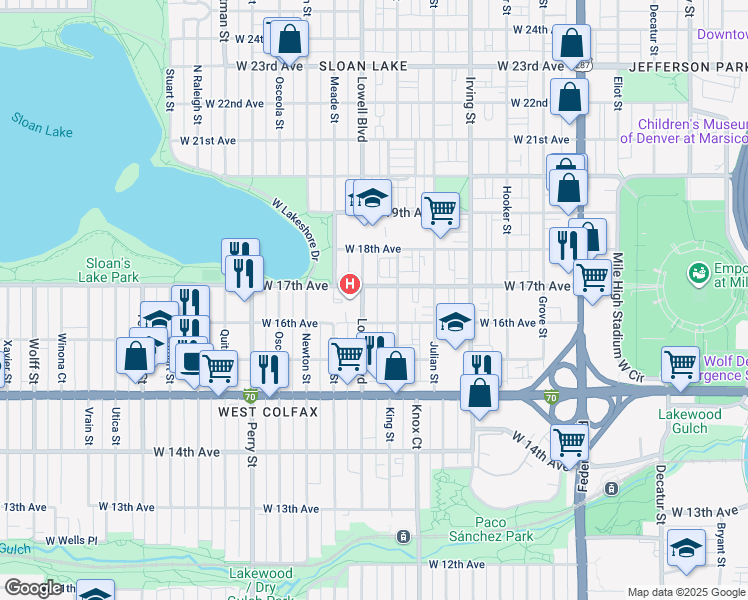 map of restaurants, bars, coffee shops, grocery stores, and more near in Denver