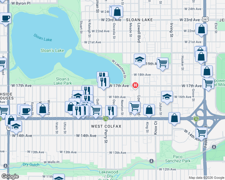 map of restaurants, bars, coffee shops, grocery stores, and more near 4052 West 17th Avenue in Denver