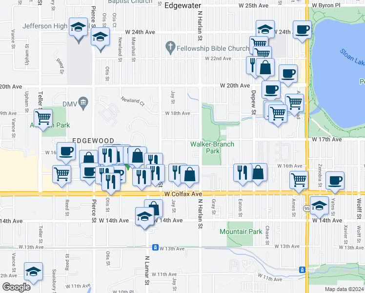 map of restaurants, bars, coffee shops, grocery stores, and more near 1700 Jay Street in Lakewood