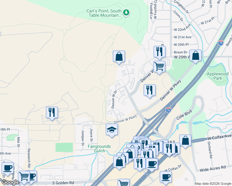 map of restaurants, bars, coffee shops, grocery stores, and more near 1980 Denver West Drive in Golden