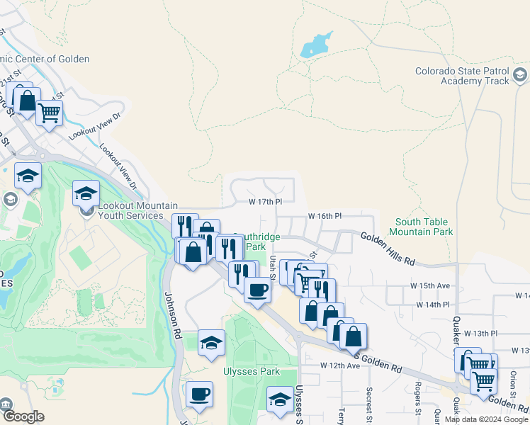 map of restaurants, bars, coffee shops, grocery stores, and more near 17400 West 17th Place in Golden