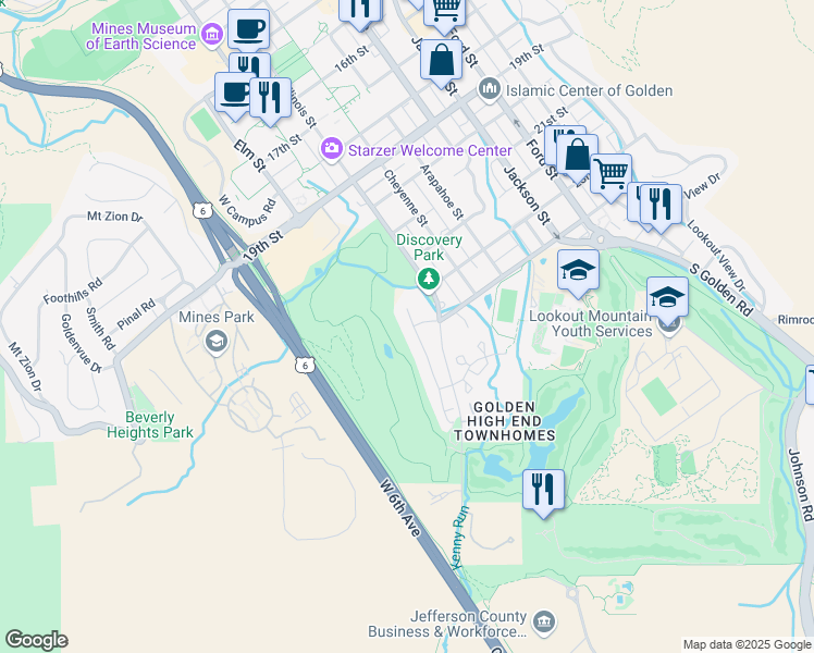 map of restaurants, bars, coffee shops, grocery stores, and more near 2304 Fossil Trace Drive in Golden