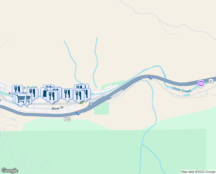 map of restaurants, bars, coffee shops, grocery stores, and more near 3326 Riverside Drive in Idaho Springs