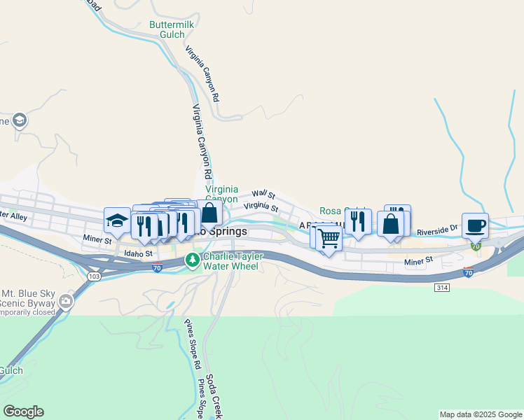 map of restaurants, bars, coffee shops, grocery stores, and more near 2103 Wall Street in Idaho Springs