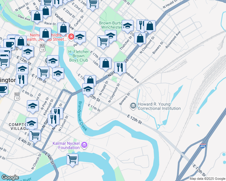 map of restaurants, bars, coffee shops, grocery stores, and more near 1133 East 14th Street in Wilmington