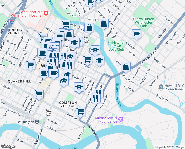 map of restaurants, bars, coffee shops, grocery stores, and more near 518 East 11th Street in Wilmington