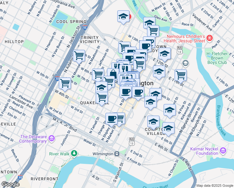map of restaurants, bars, coffee shops, grocery stores, and more near 225 West 8th Street in Wilmington