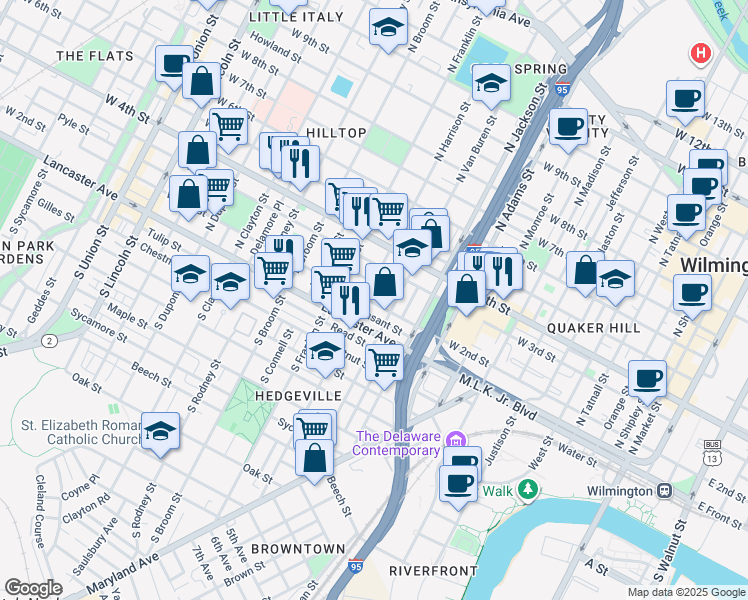 map of restaurants, bars, coffee shops, grocery stores, and more near 217 North Harrison Street in Wilmington